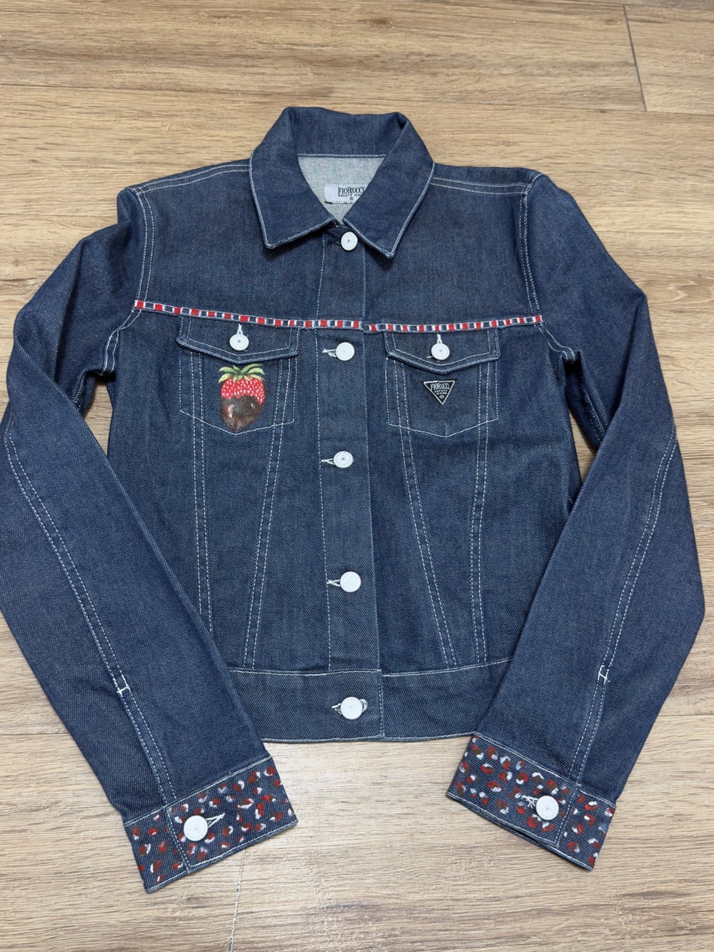 Y2K Fiorucci Dark Blue Denim Jacket with Strawberry handmade painted